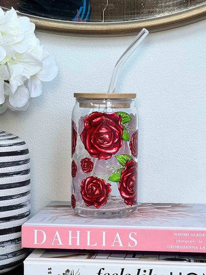 Everyday Ego Drink Cup Red Roses Glass Coffee Mug with Bamboo Lid & Straw - Flower Lover Glass Can Cup