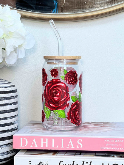 Everyday Ego Drink Cup Red Roses Glass Coffee Mug with Bamboo Lid & Straw - Flower Lover Glass Can Cup