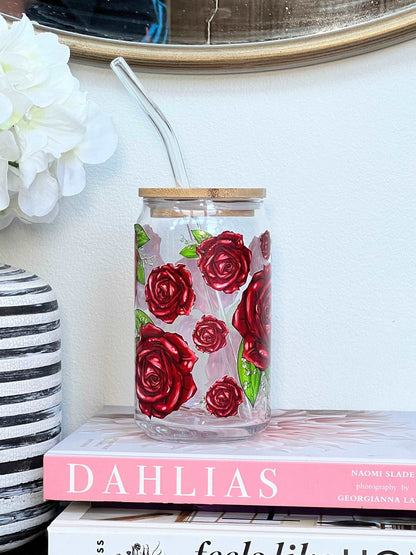 Everyday Ego Drink Cup Red Roses Glass Coffee Mug with Bamboo Lid & Straw - Flower Lover Glass Can Cup