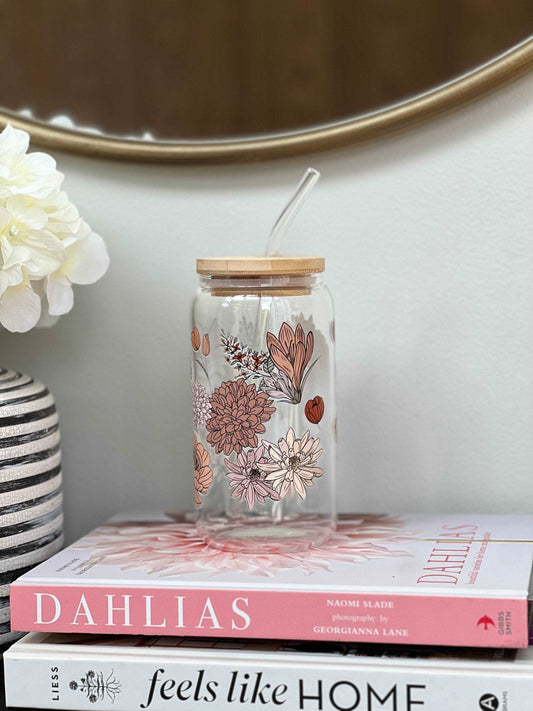 Everyday Ego Drink Cup Retro Neutral Florals Glass Tumbler Bamboo Lid and Straw