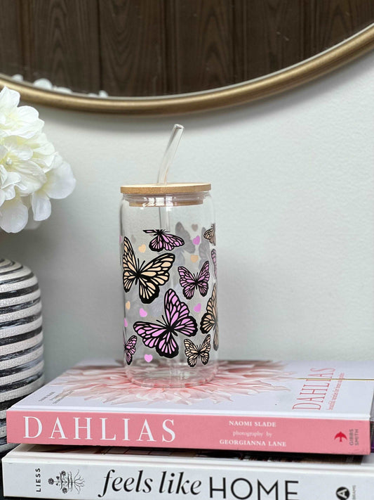 Everyday Ego Drink Cup Pink and Yellow Butterflies, Glass Coffee Cup