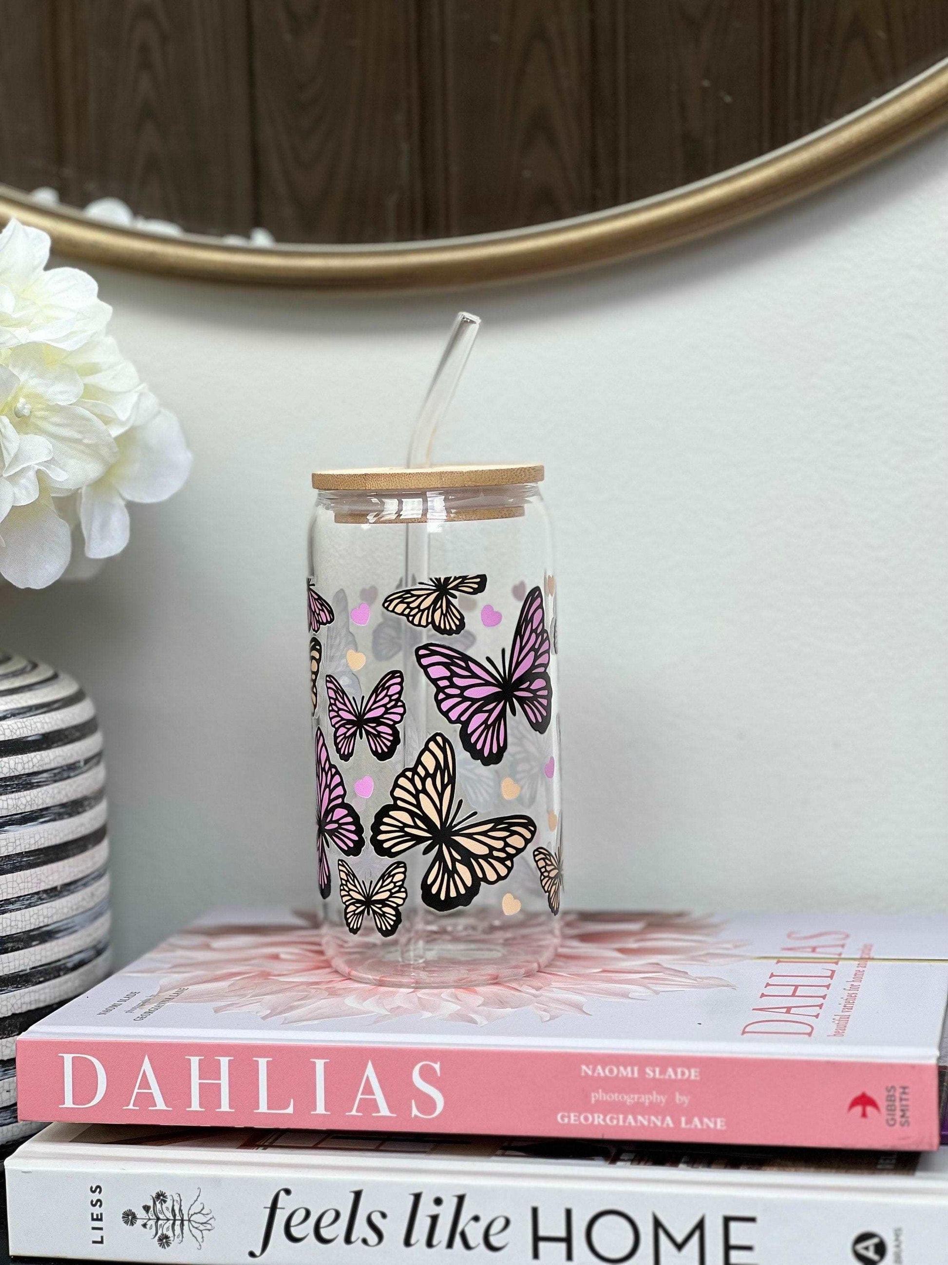 Everyday Ego Drink Cup Pink and Yellow Butterflies, Glass Coffee Cup