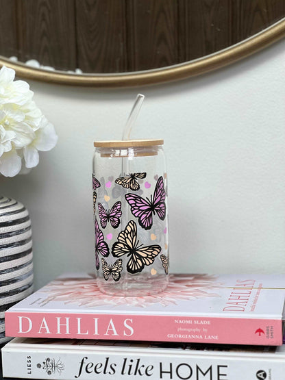 Everyday Ego Drink Cup Pink and Yellow Butterflies, Glass Coffee Cup