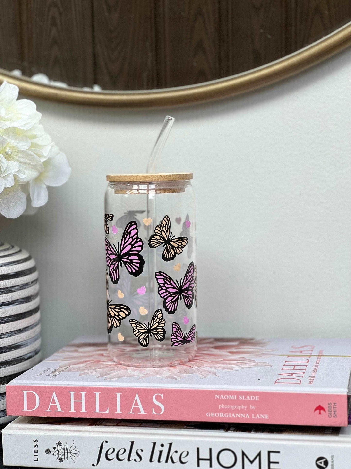 Everyday Ego Drink Cup Pink and Yellow Butterflies, Glass Coffee Cup