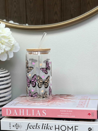 Everyday Ego Drink Cup Pink and Yellow Butterflies, Glass Coffee Cup