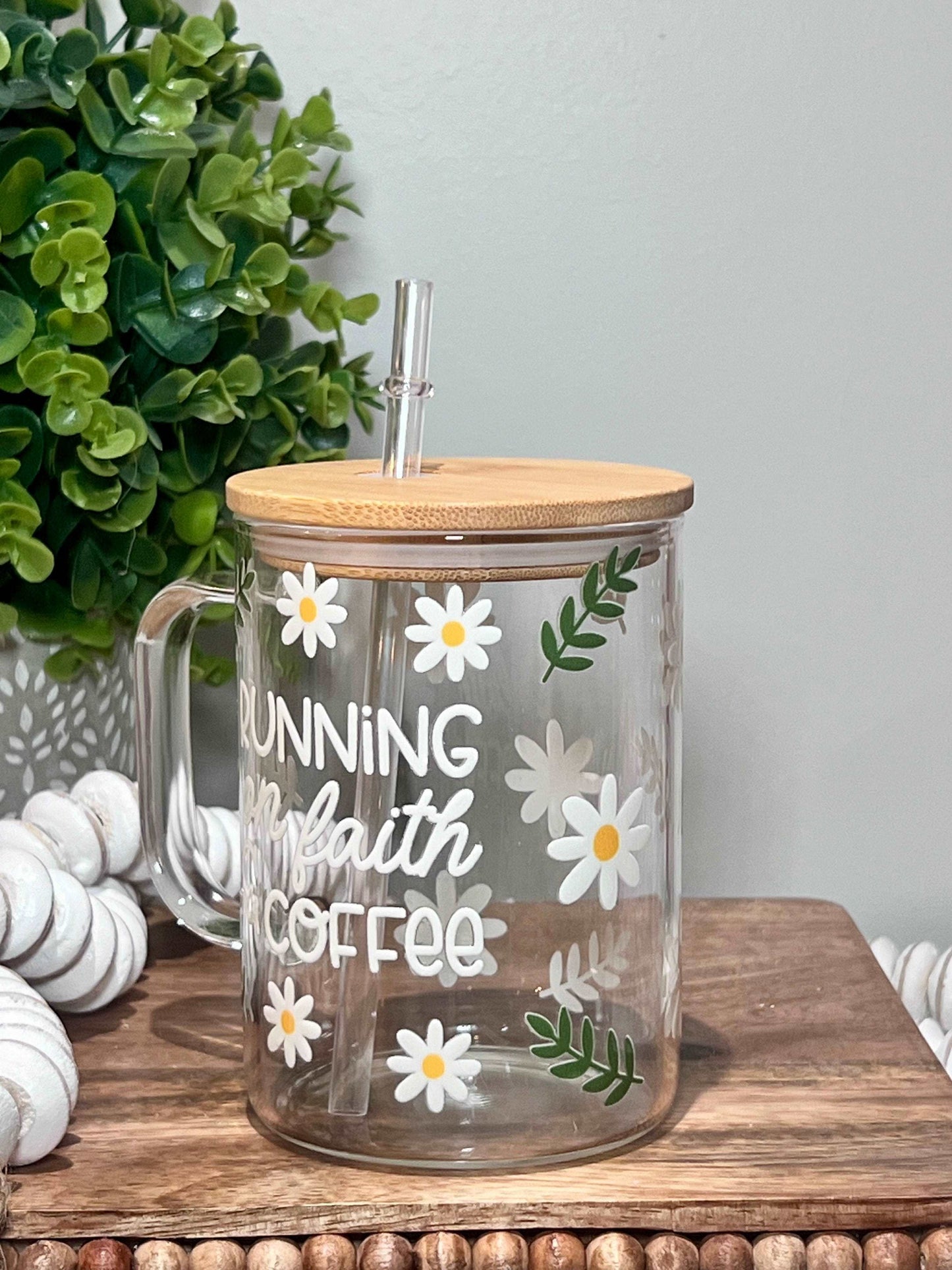 Everyday Ego Drink Cup Running on Faith and Coffee Glass Mug