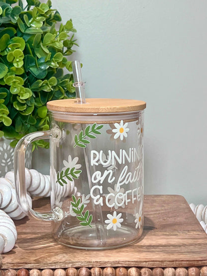 Everyday Ego Drink Cup Running on Faith and Coffee Glass Mug