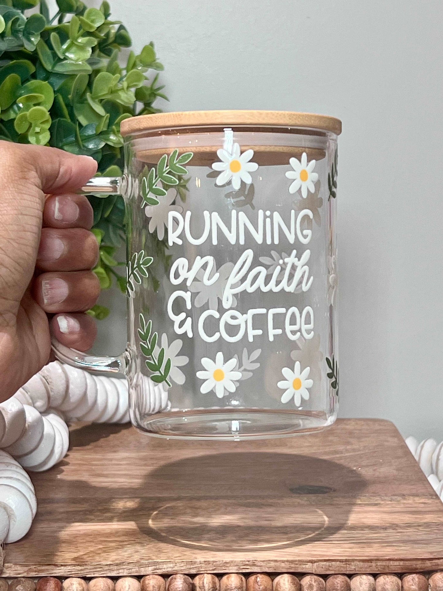 Everyday Ego Drink Cup Running on Faith and Coffee Glass Mug