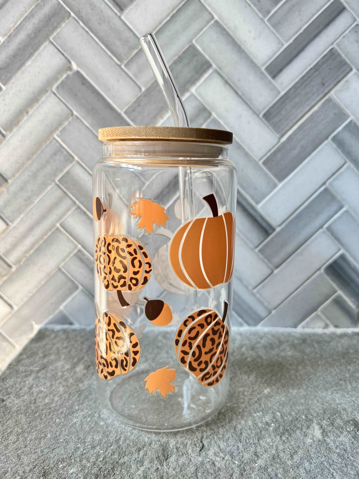 Everyday Ego Drink Cup Cheetah Fall Pumpkins Glass Tumbler