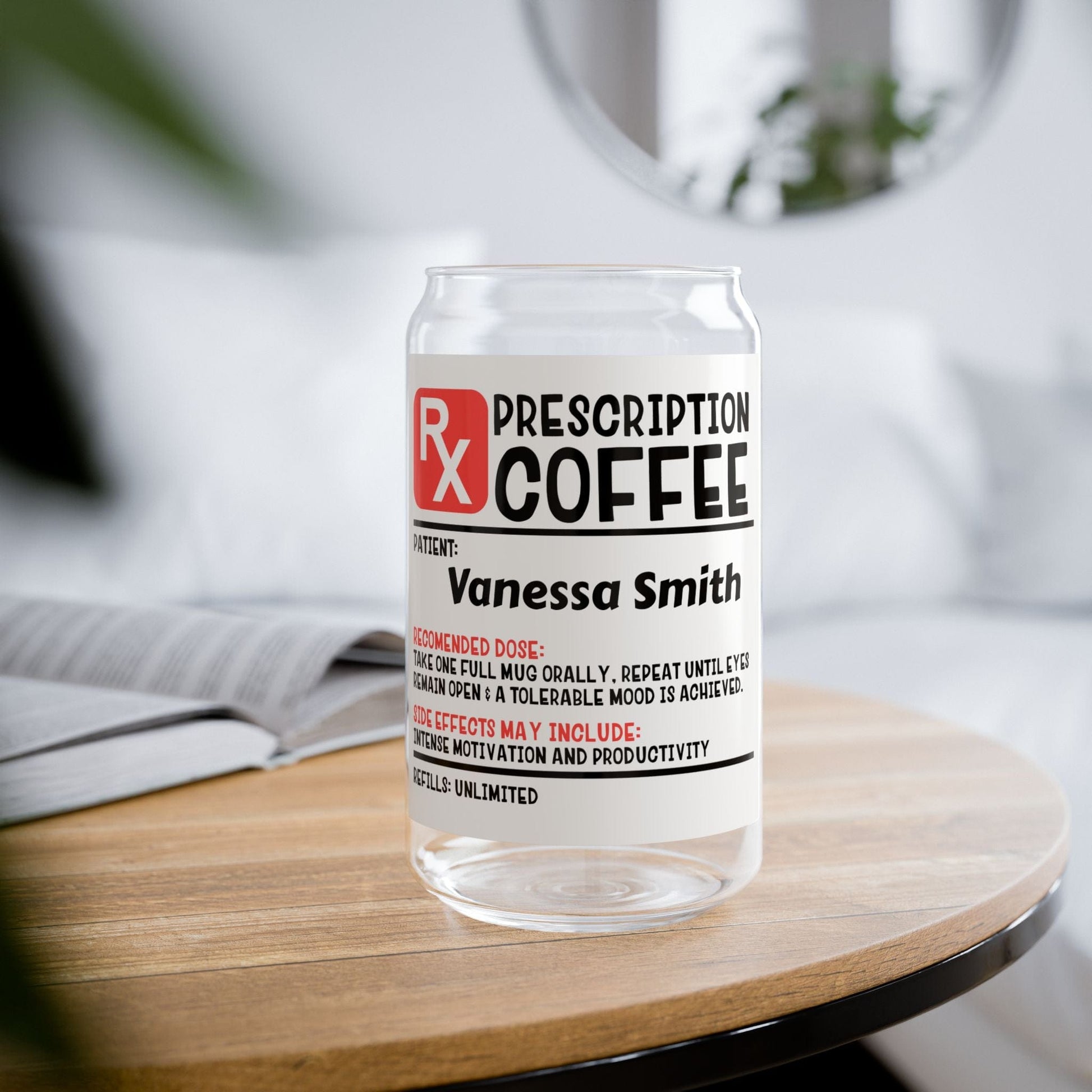 Printify Mug Personalize Coffee Prescription | Pharmacist Student Gift | Pharmacy Technician | Nurse Doctor Pharmacist | Glass Tumbler | Iced Coffee Cup