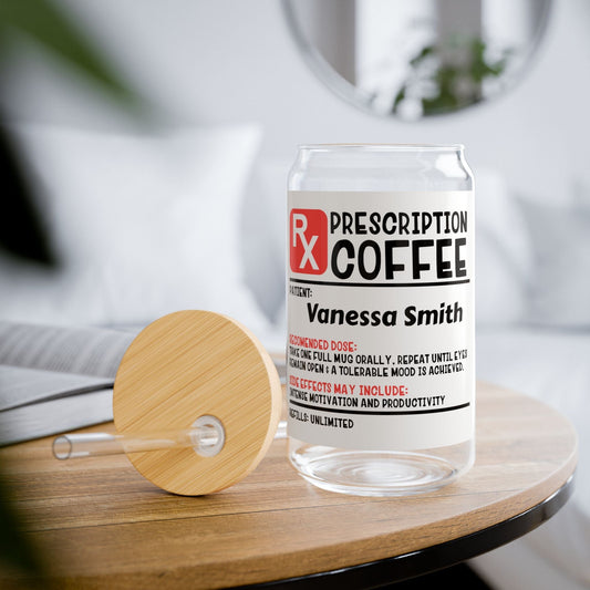 Printify Mug Personalize Coffee Prescription | Pharmacist Student Gift | Pharmacy Technician | Nurse Doctor Pharmacist | Glass Tumbler | Iced Coffee Cup