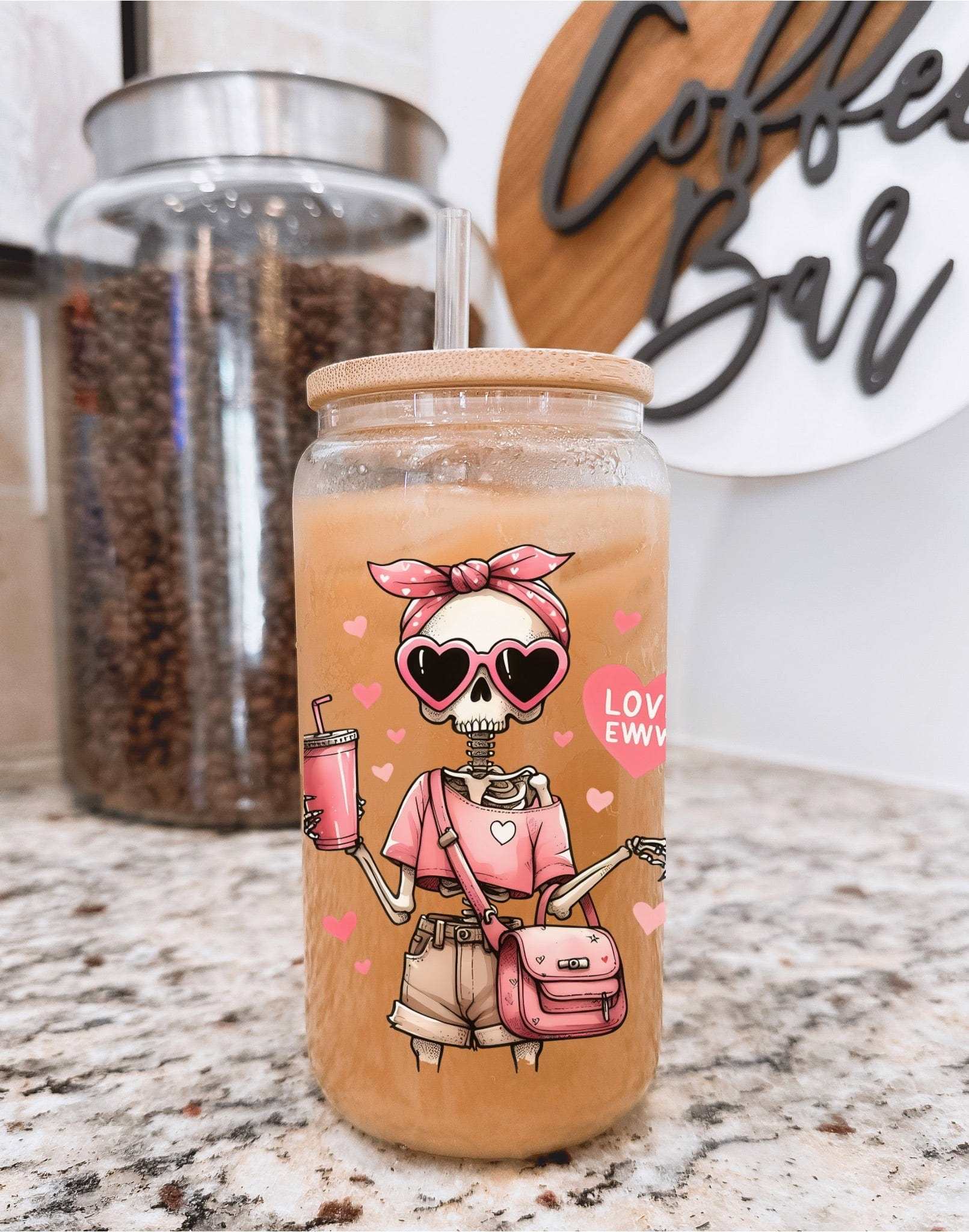 Everyday Ego Glass, Lid, Acrylic Straw Bougie Love, Eww Love 16 oz Glass Can Cup- Anti Love Iced Coffee Cup