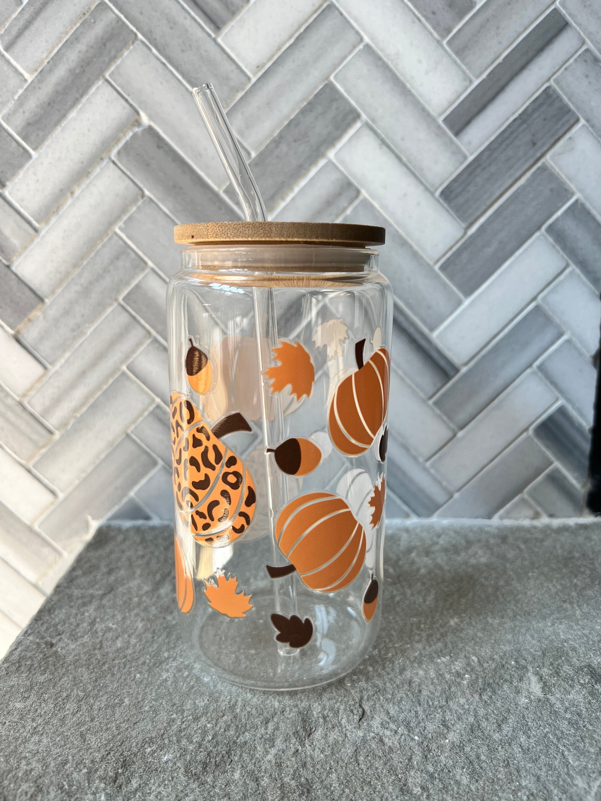 Everyday Ego Drink Cup Cheetah Fall Pumpkins Glass Tumbler