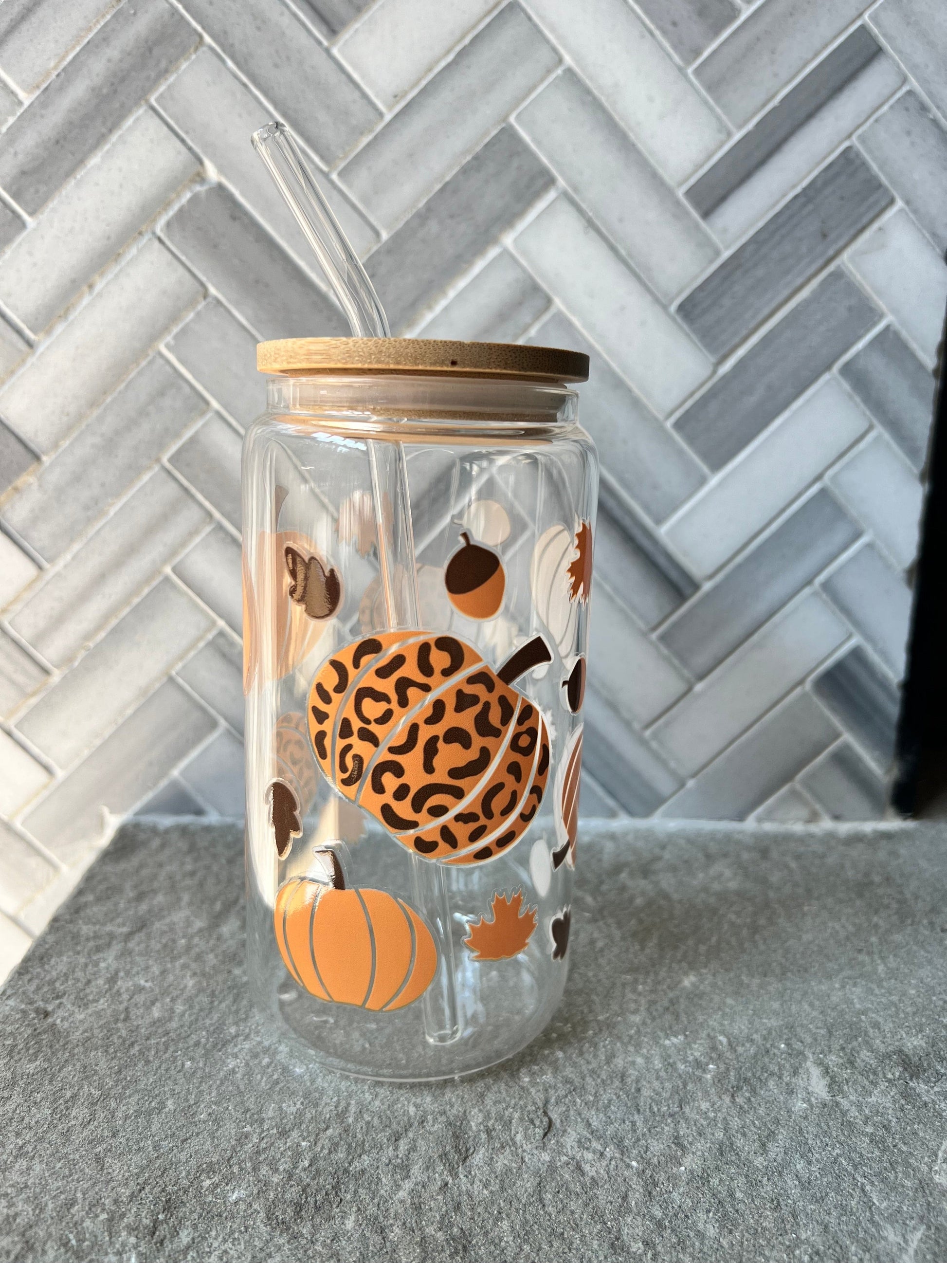 Everyday Ego Drink Cup Cheetah Fall Pumpkins Glass Tumbler
