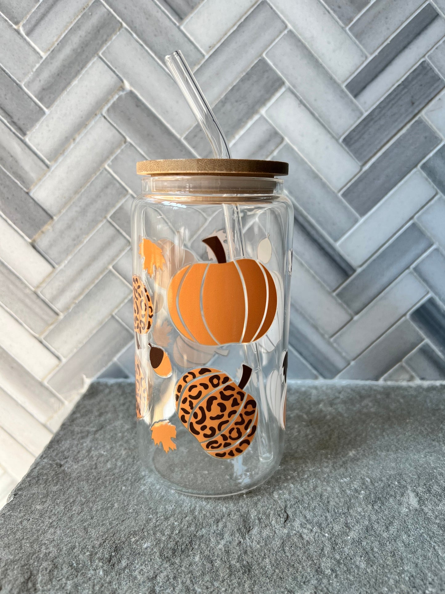 Everyday Ego Drink Cup Cheetah Fall Pumpkins Glass Tumbler