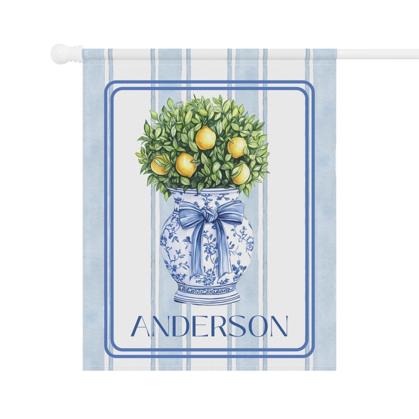Printify Home Decor Chinoiserie Garden Flag, Custom Topiary Door Hanger, Preppy Bow Seasonal Garden Decor, Outdoor Patio Porch Welcome Sign Front Door Yard Art