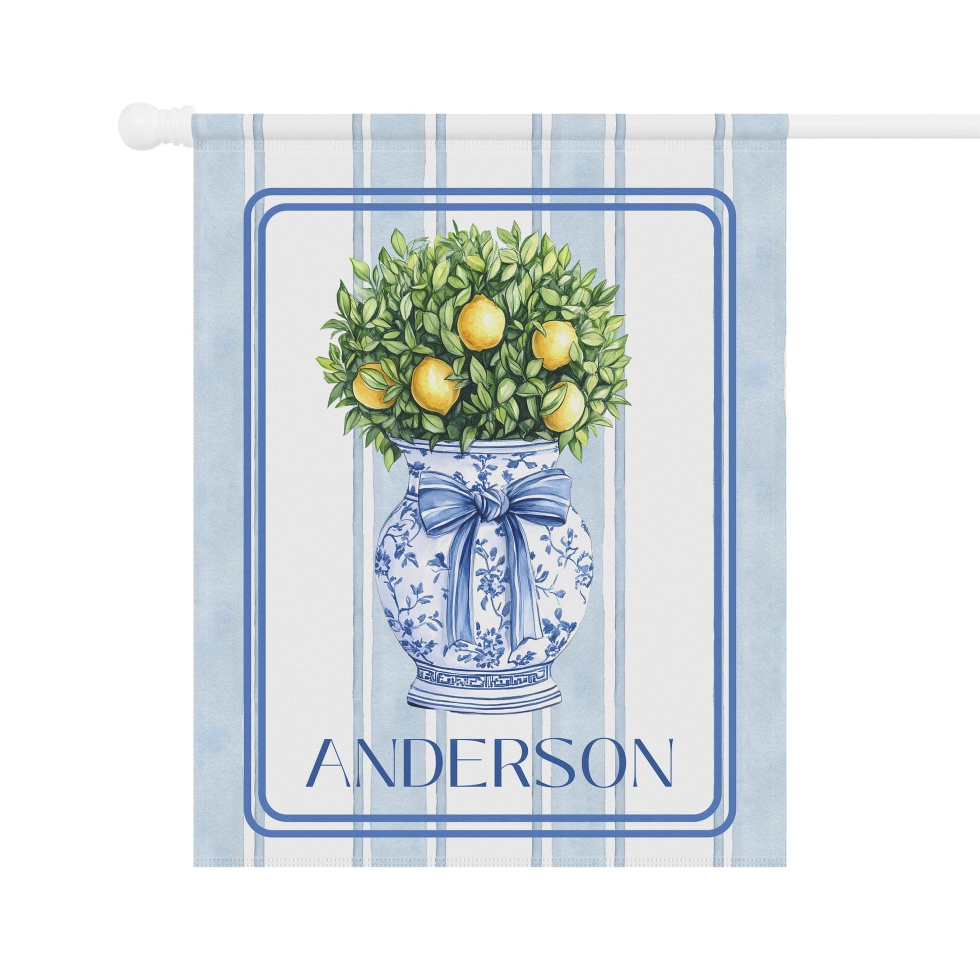 Printify Home Decor Chinoiserie Garden Flag, Custom Topiary Door Hanger, Preppy Bow Seasonal Garden Decor, Outdoor Patio Porch Welcome Sign Front Door Yard Art