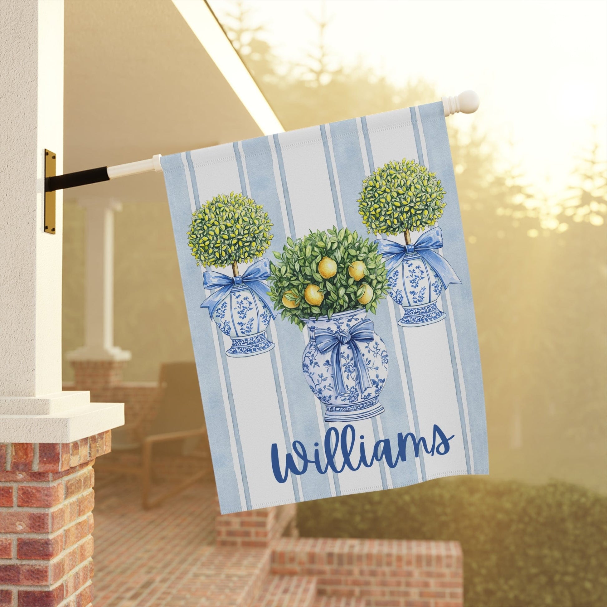 Printify Home Decor Custom Chinoiserie Garden Flag, Topiary Door Hanger, Preppy Bow Seasonal Garden Decor, Outdoor Patio Porch Welcome Sign Front Door Yard Art