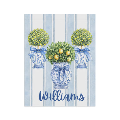 Printify Home Decor Custom Chinoiserie Garden Flag, Topiary Door Hanger, Preppy Bow Seasonal Garden Decor, Outdoor Patio Porch Welcome Sign Front Door Yard Art