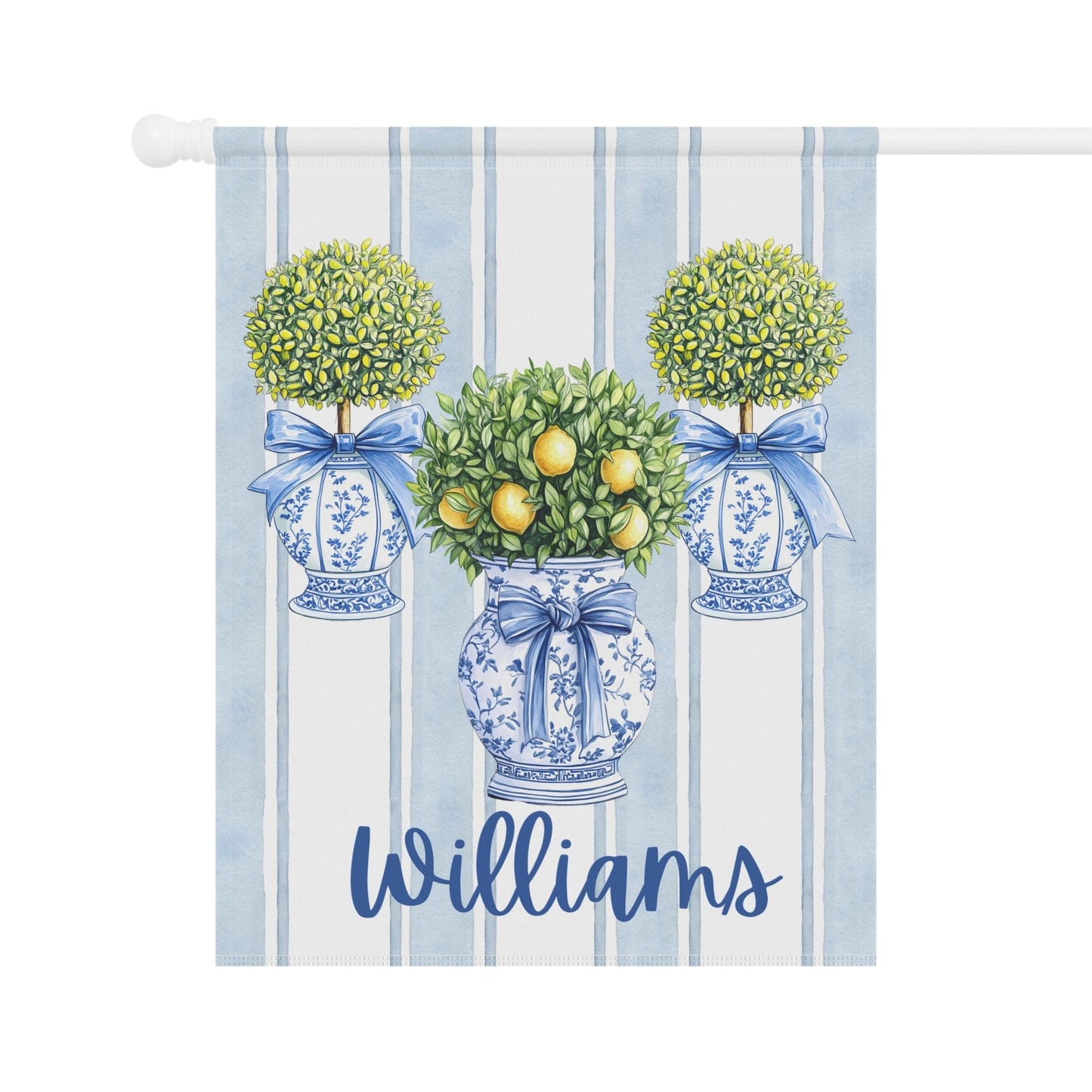 Printify Home Decor Custom Chinoiserie Garden Flag, Topiary Door Hanger, Preppy Bow Seasonal Garden Decor, Outdoor Patio Porch Welcome Sign Front Door Yard Art