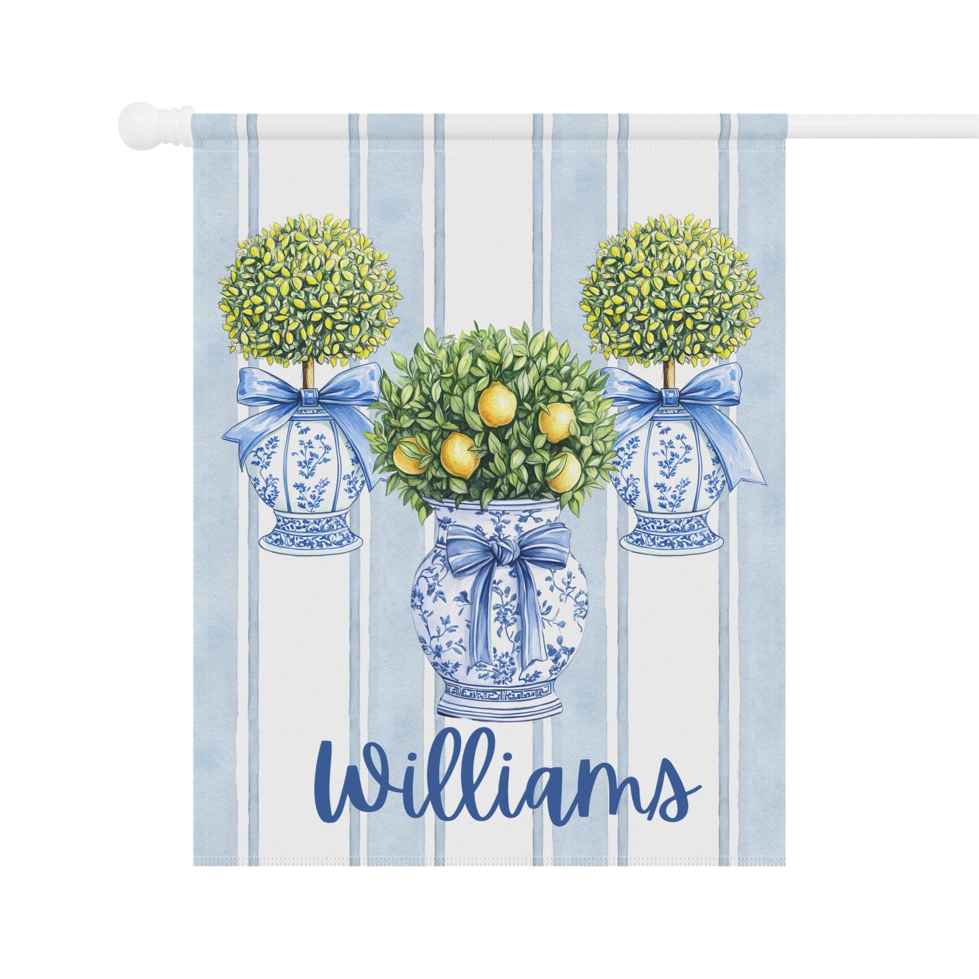Printify Home Decor Custom Chinoiserie Garden Flag, Topiary Door Hanger, Preppy Bow Seasonal Garden Decor, Outdoor Patio Porch Welcome Sign Front Door Yard Art