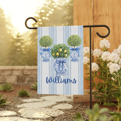 Printify Home Decor Custom Chinoiserie Garden Flag, Topiary Door Hanger, Preppy Bow Seasonal Garden Decor, Outdoor Patio Porch Welcome Sign Front Door Yard Art