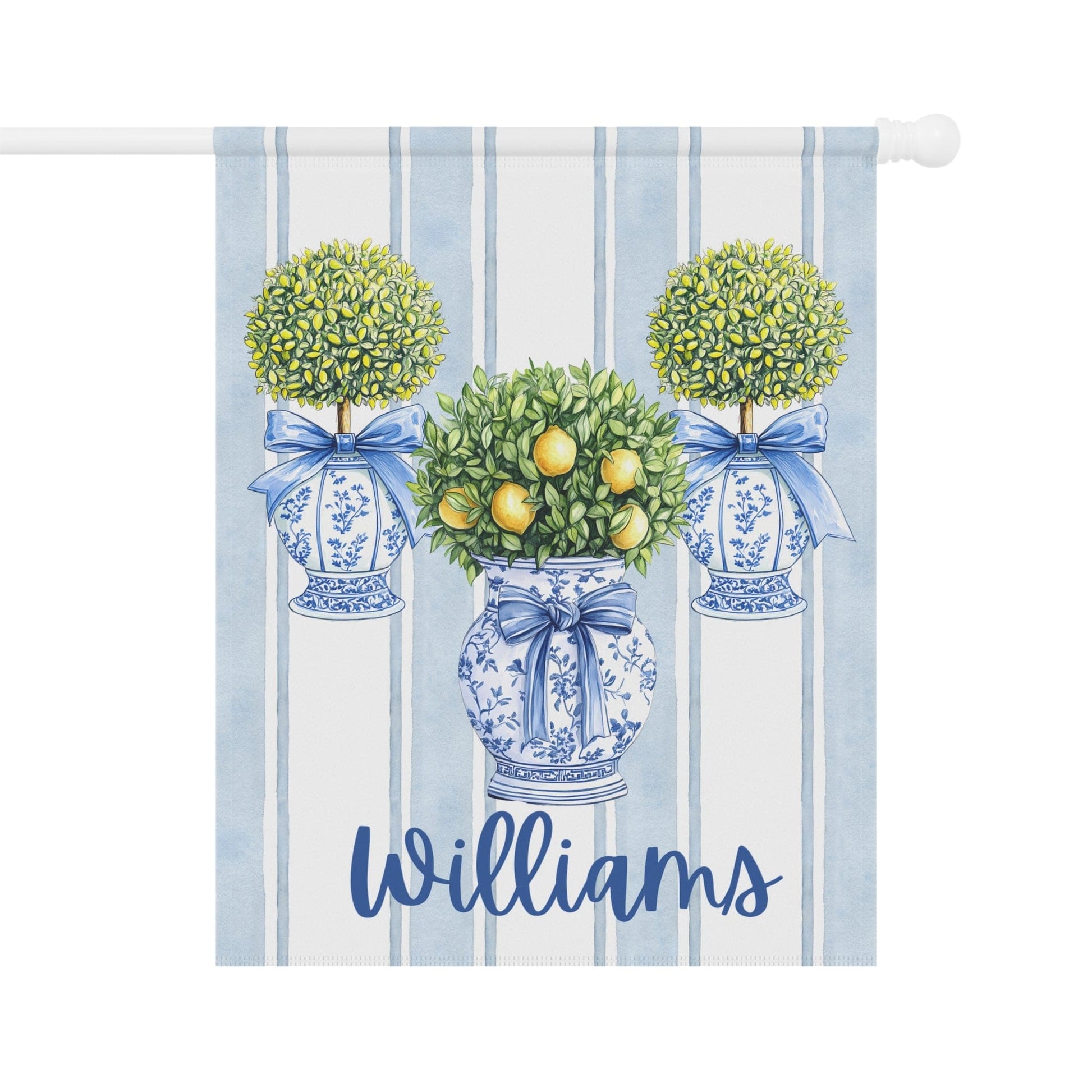 Printify Home Decor 24.5'' × 32'' Custom Chinoiserie Garden Flag, Topiary Door Hanger, Preppy Bow Seasonal Garden Decor, Outdoor Patio Porch Welcome Sign Front Door Yard Art