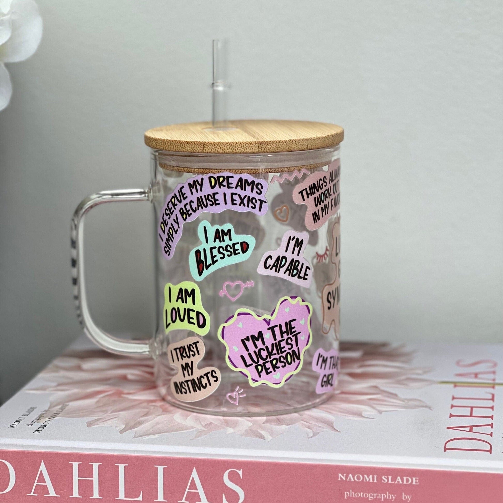 Everyday Ego Glass Mug Cup+Lid+PlasticStraw 17oz Lucky Girl Syndrome Glass Mug