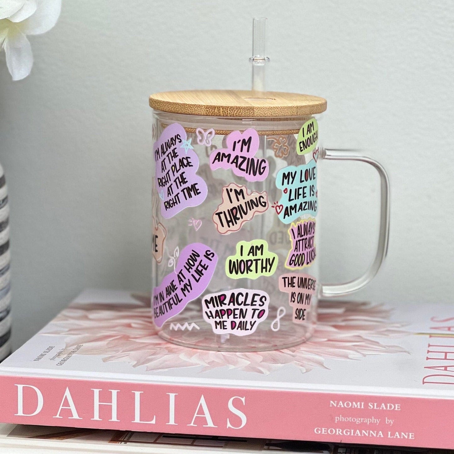 Everyday Ego Glass Mug Cup+Lid+PlasticStraw 17oz Lucky Girl Syndrome Glass Mug