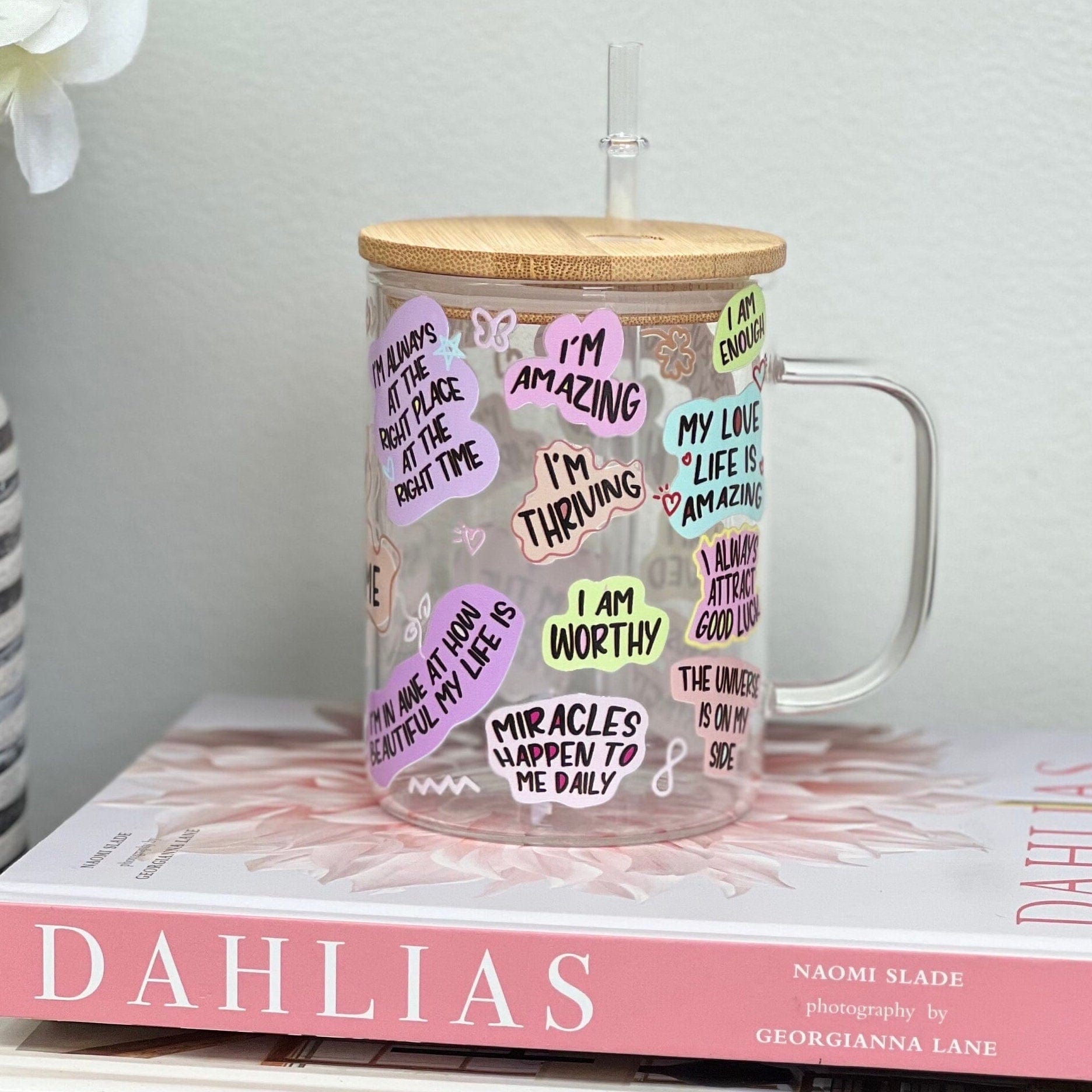 Everyday Ego Glass Mug Cup+Lid+PlasticStraw 17oz Lucky Girl Syndrome Glass Mug