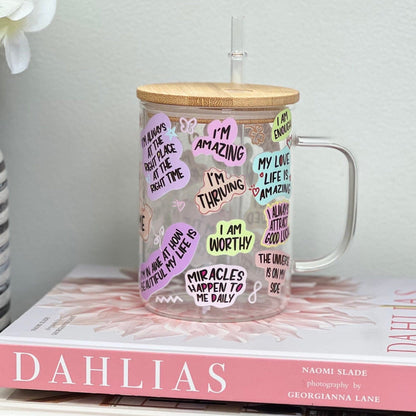 Everyday Ego Glass Mug Cup+Lid+PlasticStraw 17oz Lucky Girl Syndrome Glass Mug