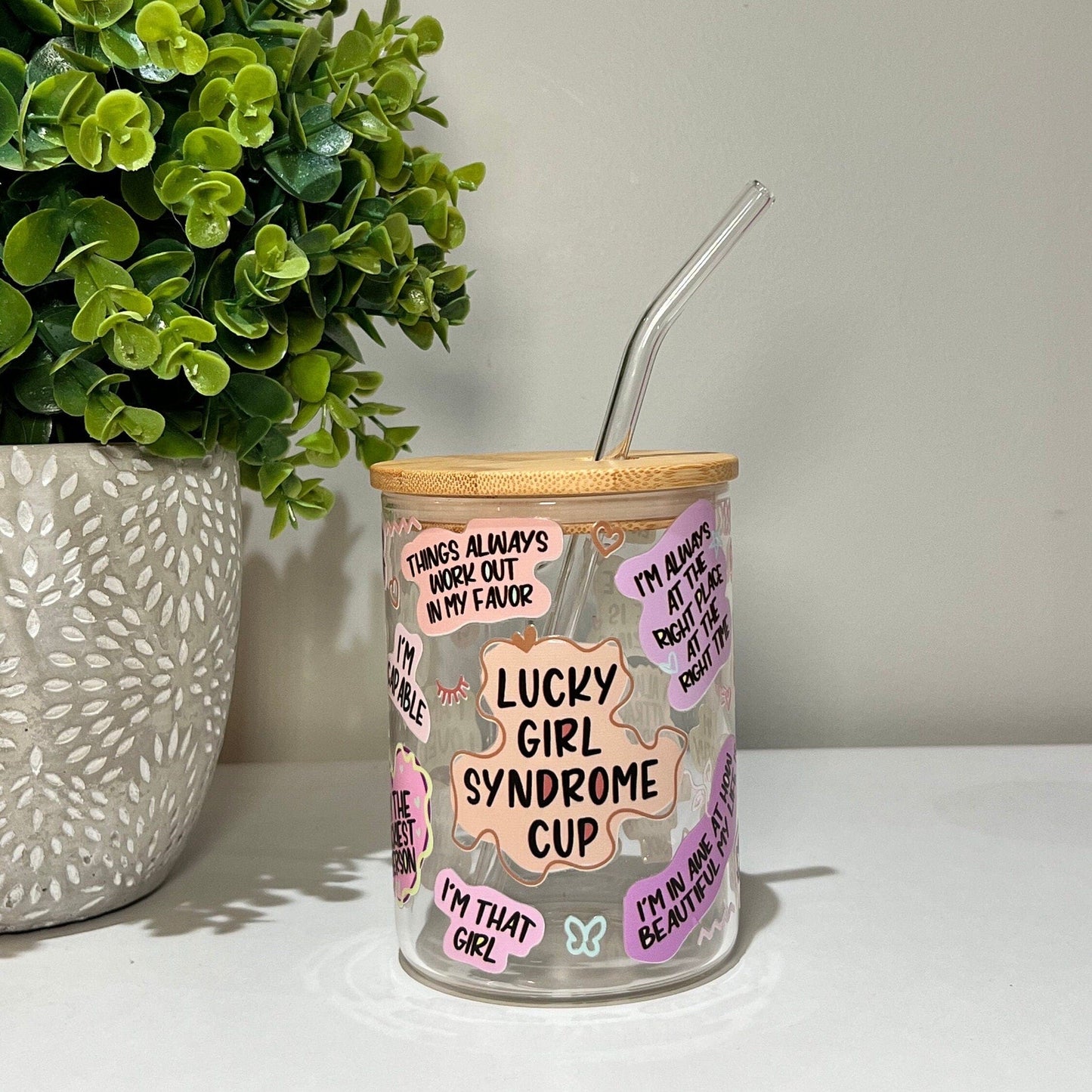 Everyday Ego Glass Mug Cup+Lid+PlasticStraw 17oz Lucky Girl Syndrome Glass Mug