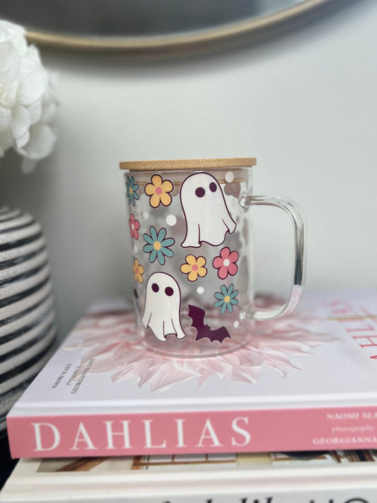 Everyday Ego Glass Mug Cup+Lid+PlasticStraw Retro Ghost Coffee Mug