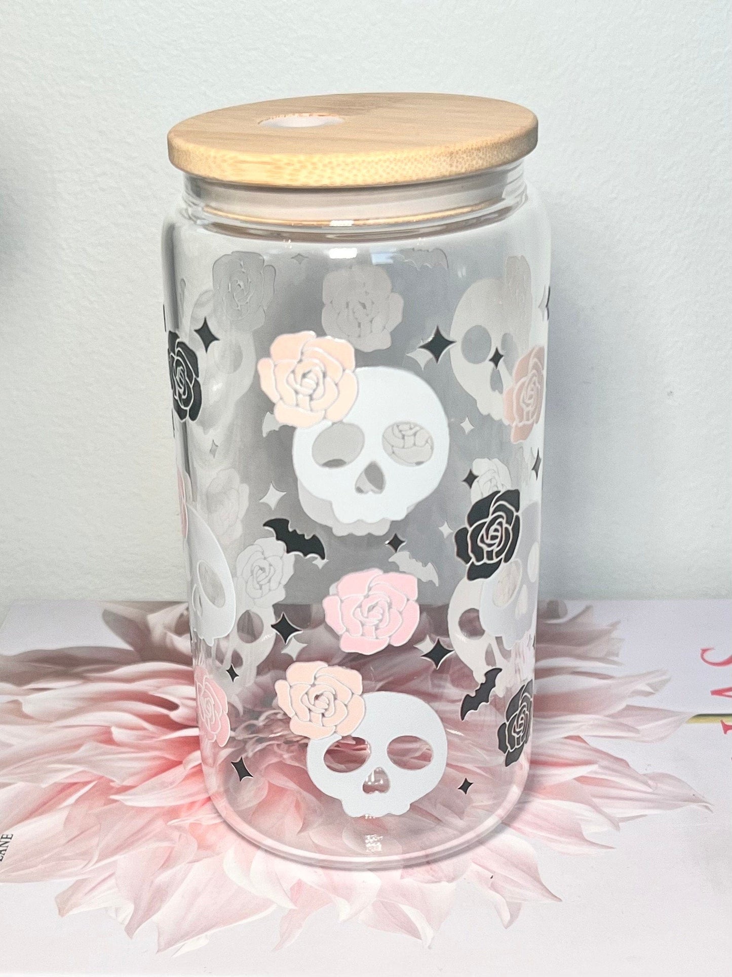 Everyday Ego Skull Libbey Glass Cup With Straw | Skulls and Roses Cup | Glass Cup Coffee Can Beer | Day of Dead | Gothic Coffee Cup | Aesthetic Glass