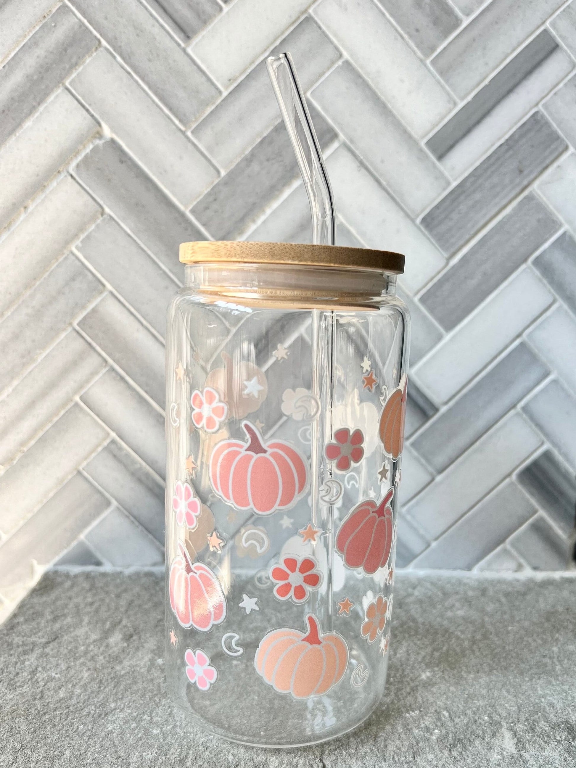 Everyday Ego Pumpkin Iced Coffee Cup with Lid and Straw / Pumpkin Glass Can Coffee Cup/ Fall Coffee Mug / Fall Season Gift / Halloween Gift for Her
