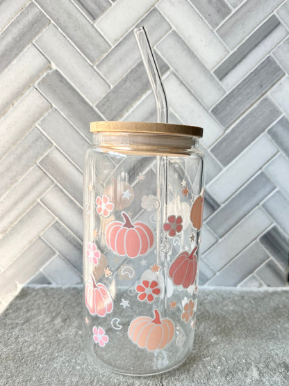 Everyday Ego Pumpkin Iced Coffee Cup with Lid and Straw / Pumpkin Glass Can Coffee Cup/ Fall Coffee Mug / Fall Season Gift / Halloween Gift for Her