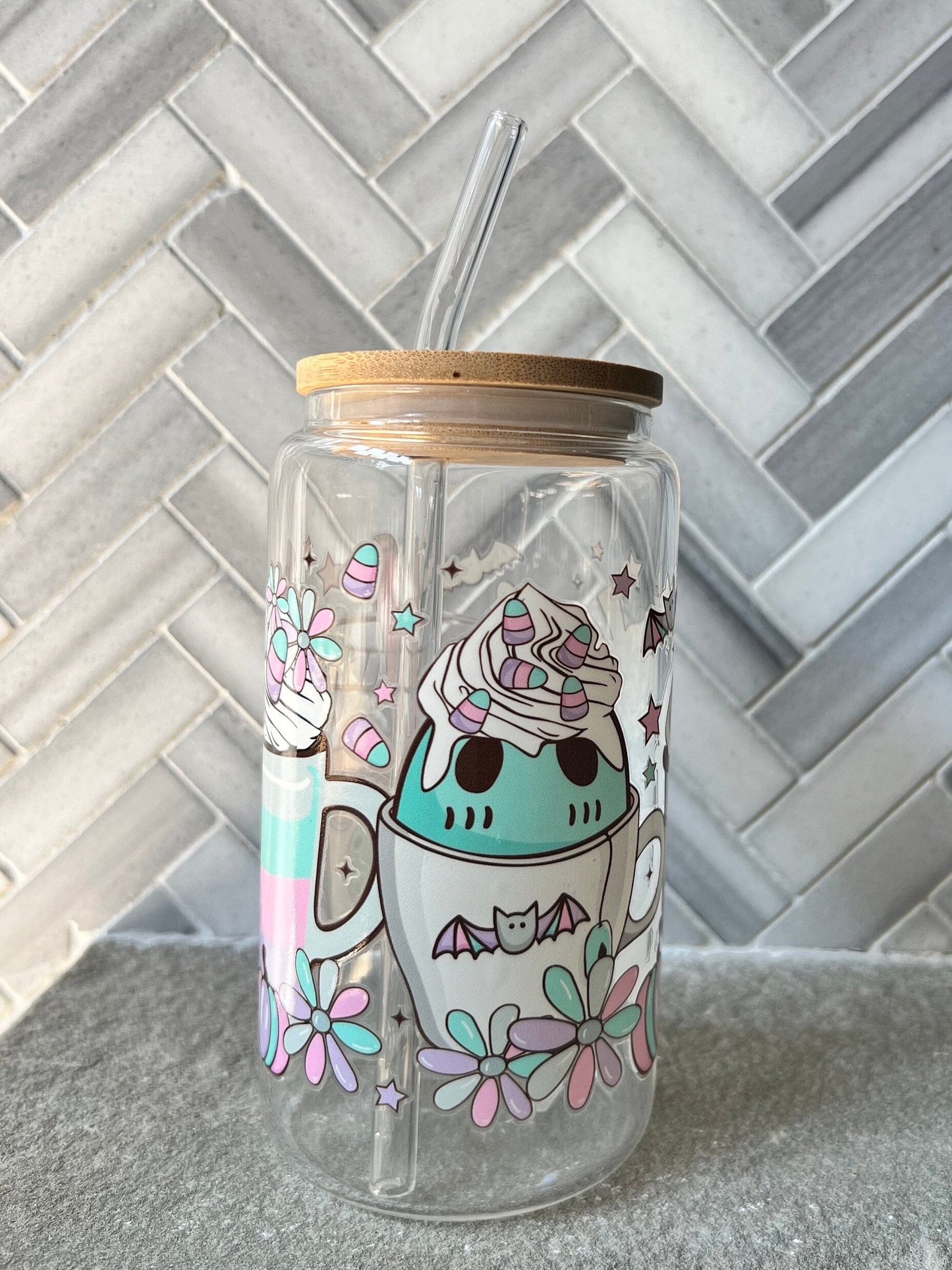 Everyday Ego Sugar Skulls Glass | Iced Coffee Cup | Fall Cup | Ghost Ice Coffee | Pastel Halloween Cup | Halloween Iced Coffee | Halloween Mug