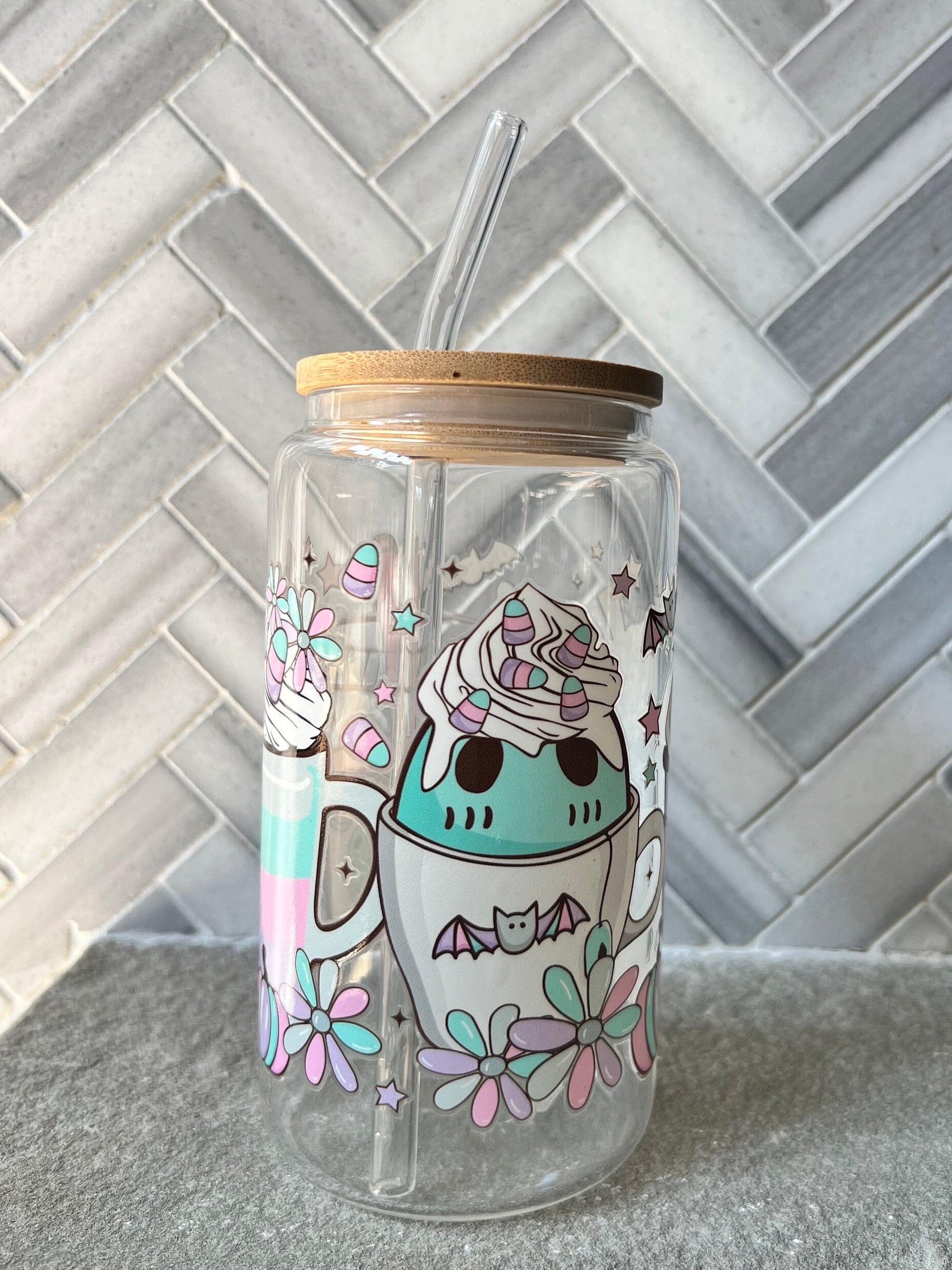 Everyday Ego Sugar Skulls Glass | Iced Coffee Cup | Fall Cup | Ghost Ice Coffee | Pastel Halloween Cup | Halloween Iced Coffee | Halloween Mug