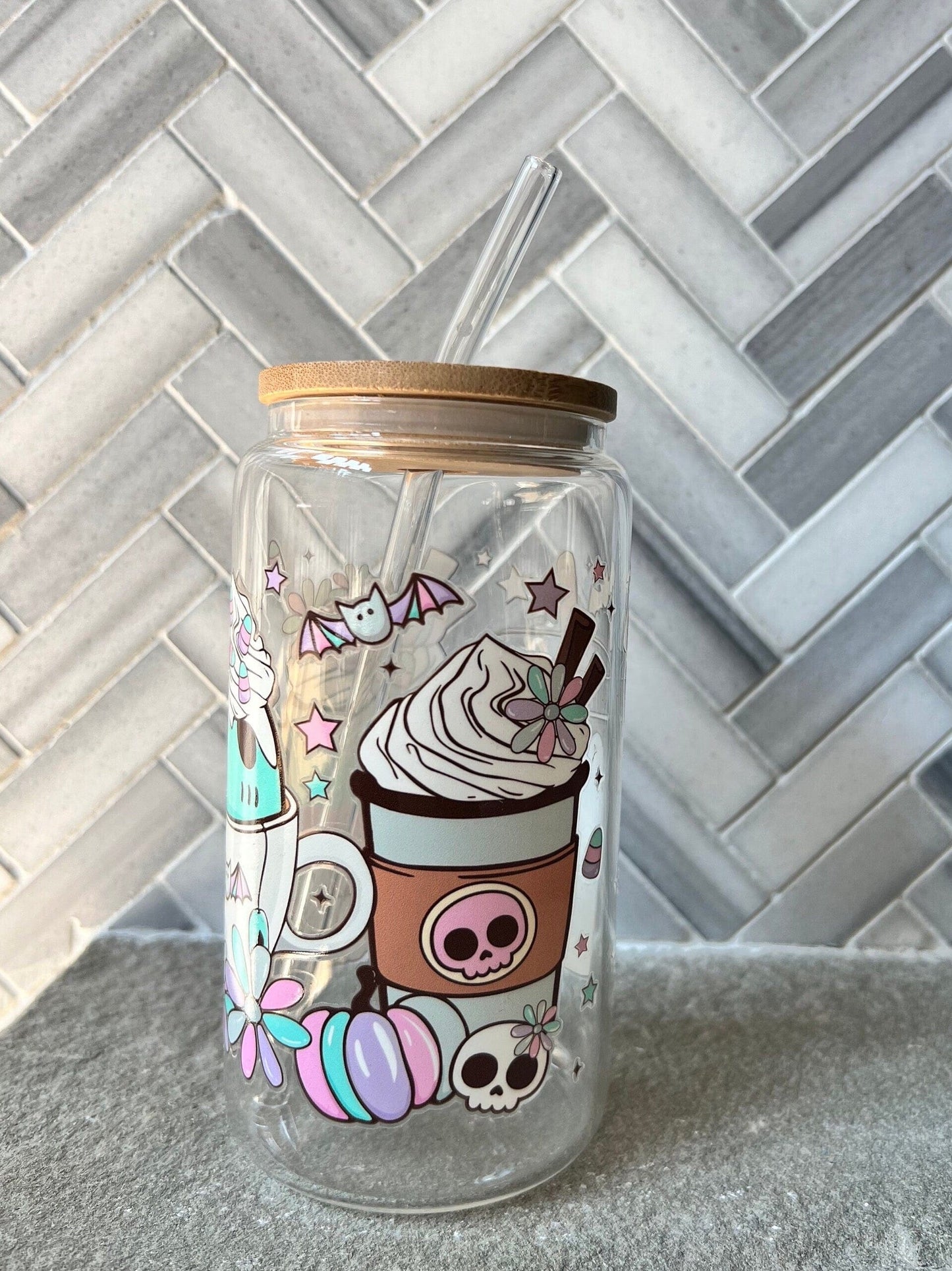 Everyday Ego Sugar Skulls Glass | Iced Coffee Cup | Fall Cup | Ghost Ice Coffee | Pastel Halloween Cup | Halloween Iced Coffee | Halloween Mug