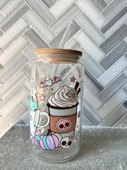 Everyday Ego Sugar Skulls Glass | Iced Coffee Cup | Fall Cup | Ghost Ice Coffee | Pastel Halloween Cup | Halloween Iced Coffee | Halloween Mug