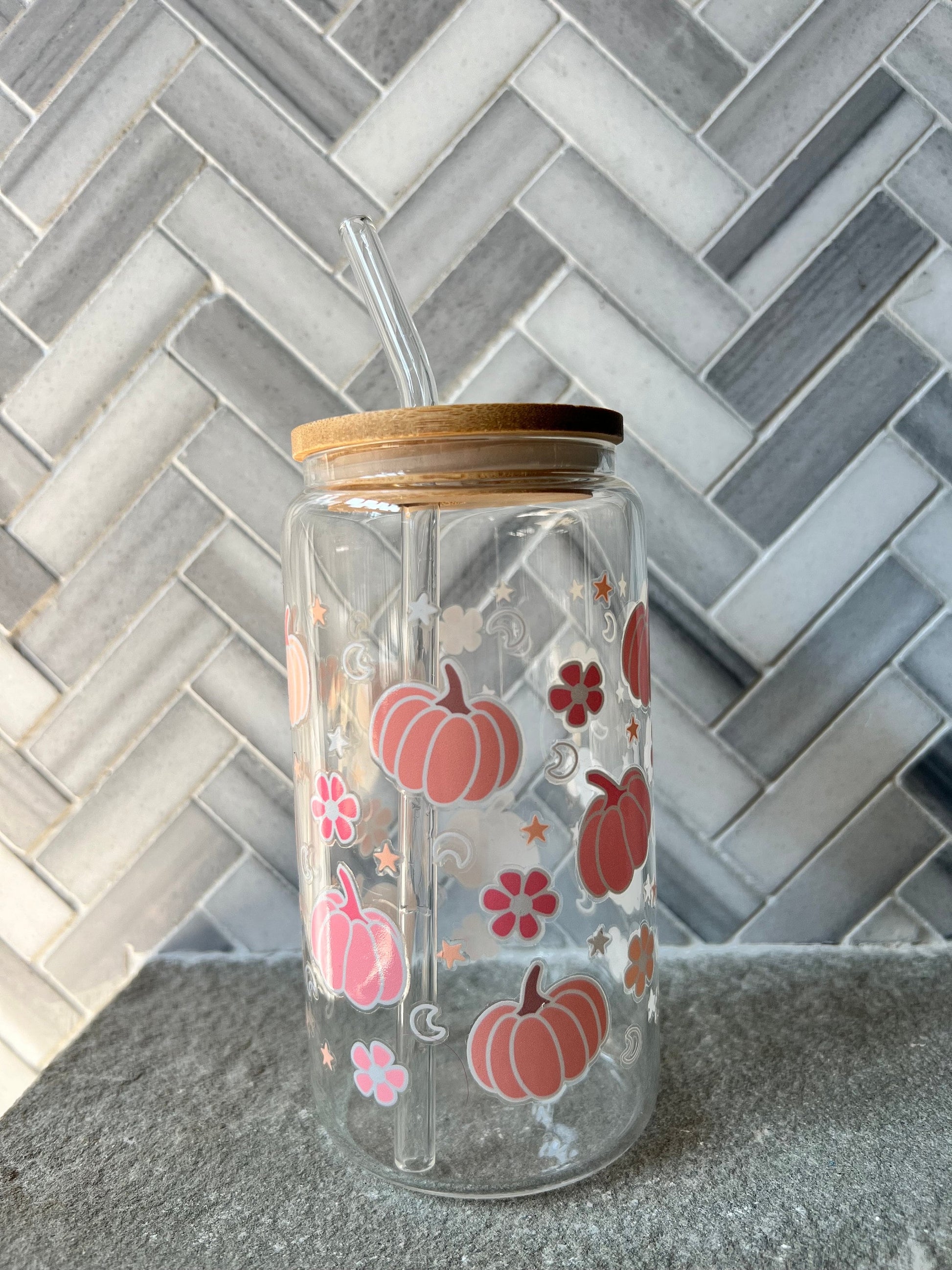 Everyday Ego Pumpkin Iced Coffee Cup with Lid and Straw / Pumpkin Glass Can Coffee Cup/ Fall Coffee Mug / Fall Season Gift / Halloween Gift for Her
