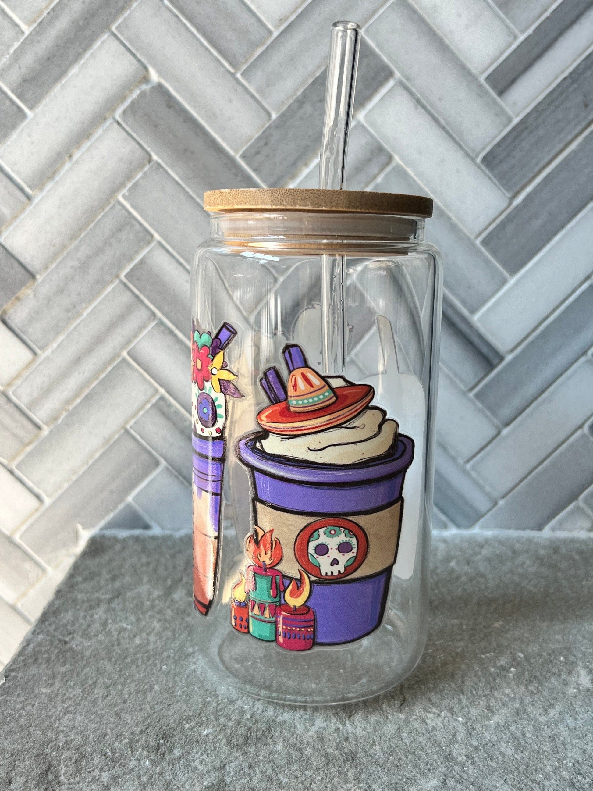 Everyday Ego Sugar Skull Latte Glass Coffee Cup, Cute Beer Can Cup, Iced Coffee Glass Cup With Lid And Straw, Halloween Glass Can Cup,