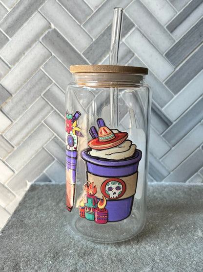 Everyday Ego Sugar Skull Latte Glass Coffee Cup, Cute Beer Can Cup, Iced Coffee Glass Cup With Lid And Straw, Halloween Glass Can Cup,