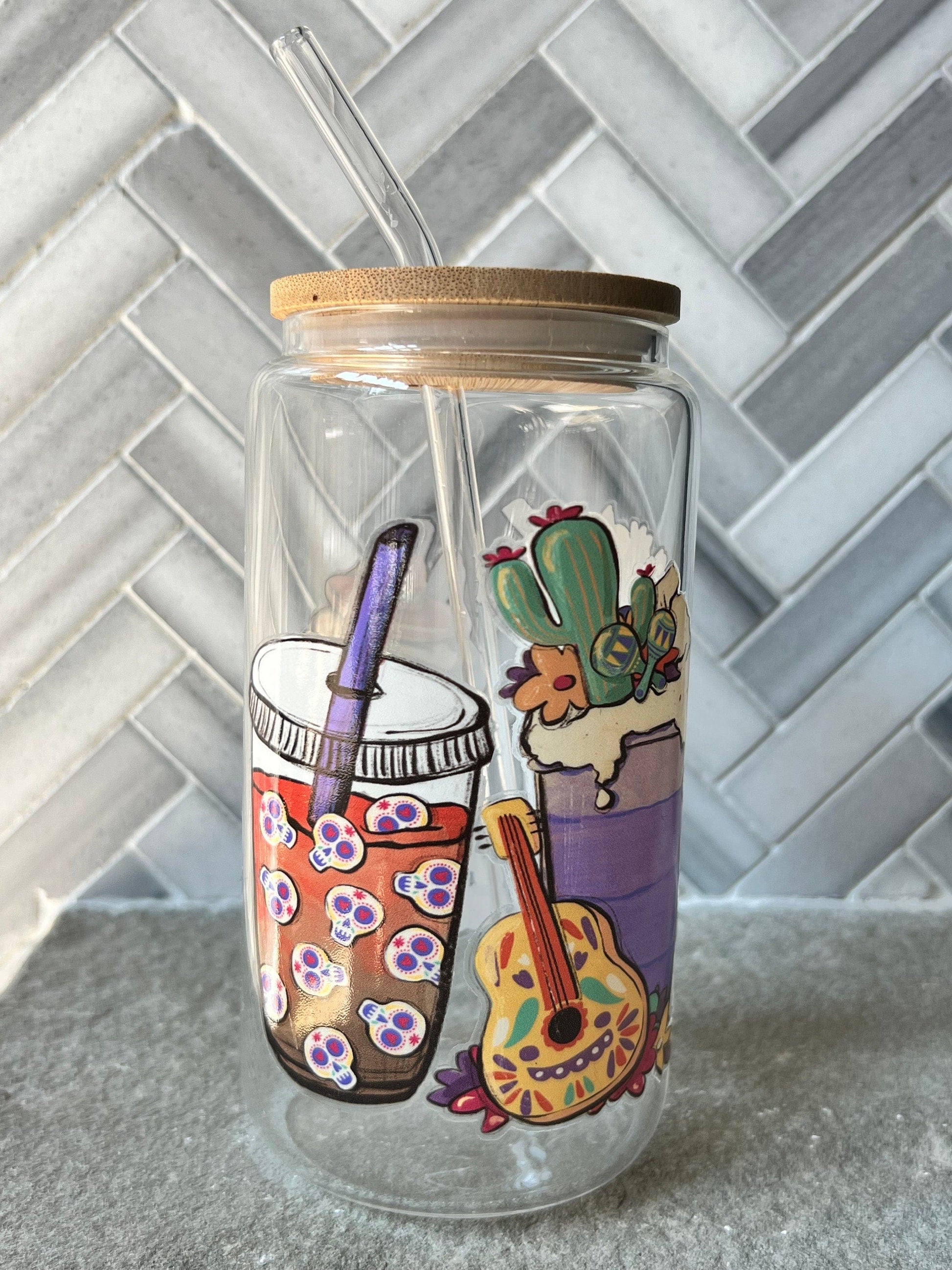 Everyday Ego Sugar Skull Latte Glass Coffee Cup, Cute Beer Can Cup, Iced Coffee Glass Cup With Lid And Straw, Halloween Glass Can Cup,