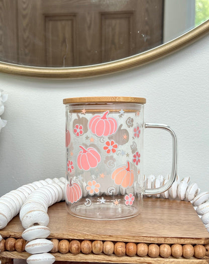 Everyday Ego Cup+Lid+PlasticStraw Fall Glass Mug | Cute Glass Mugs | Pink Mugs | Autumn Glass Mug | Glass Coffee Mug | Pink Pumpkins | Pumpkin Coffee Mug