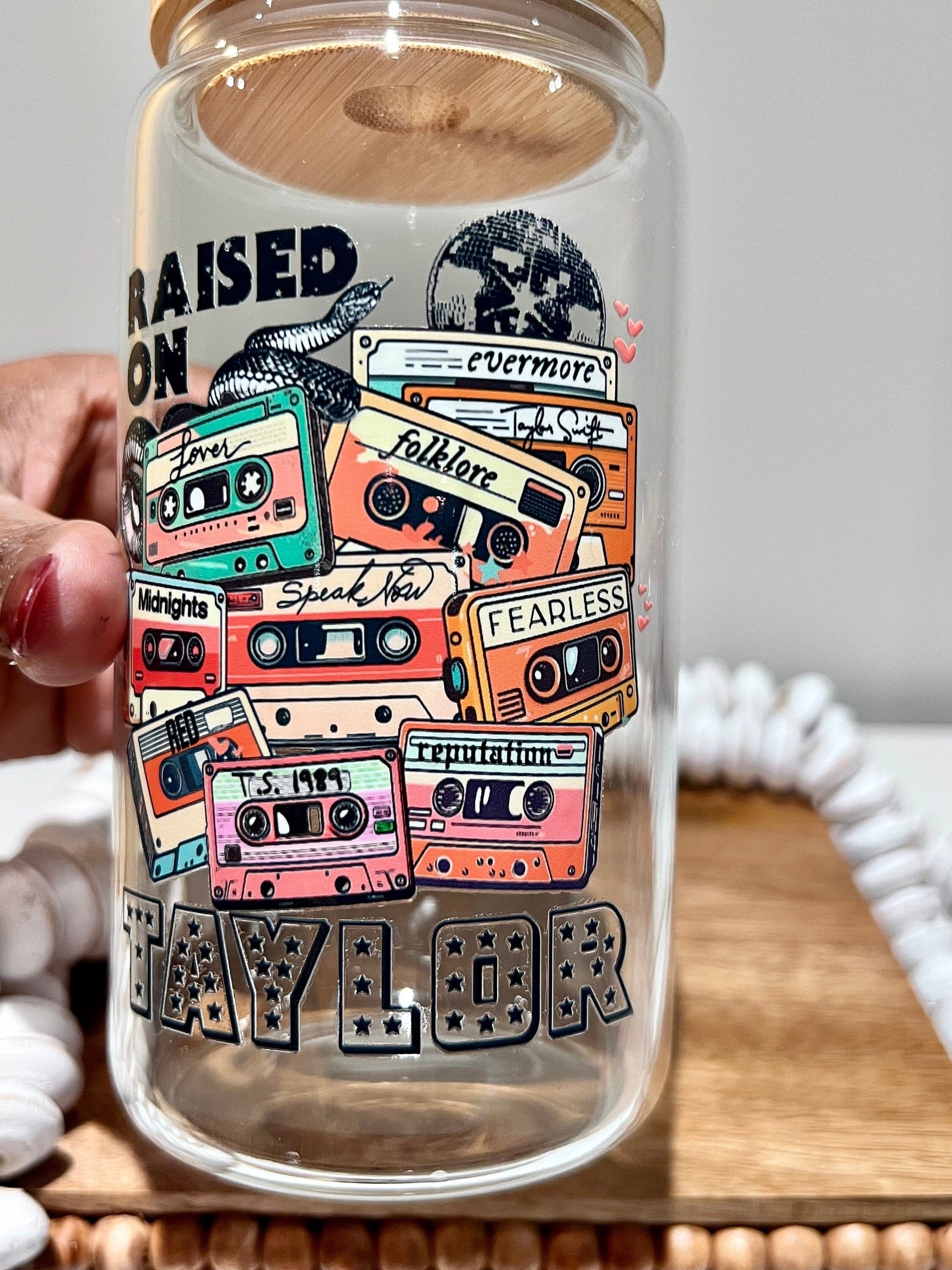 Everyday Ego Raised on T | Cute Glass Cup | Gift for Music Fan | Glass Can | 16oz Libbey Glass | Swiftea Glass Cup With Bamboo Lid | Iced Coffee Cup
