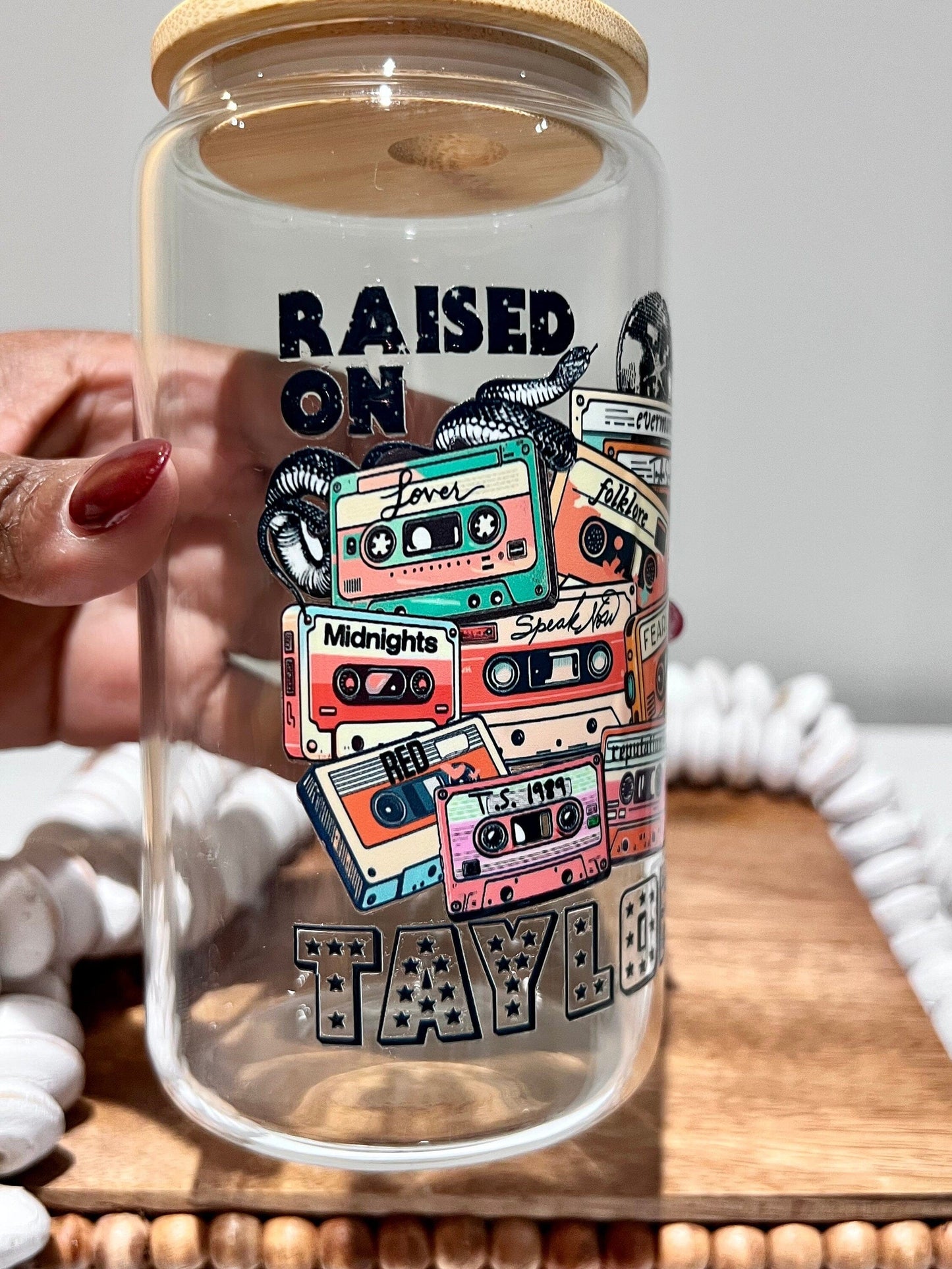 Everyday Ego Raised on T | Cute Glass Cup | Gift for Music Fan | Glass Can | 16oz Libbey Glass | Swiftea Glass Cup With Bamboo Lid | Iced Coffee Cup