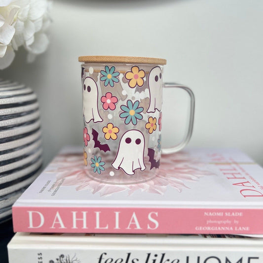 Everyday Ego Glass Mug Cup+Lid+PlasticStraw Retro Ghost Coffee Mug