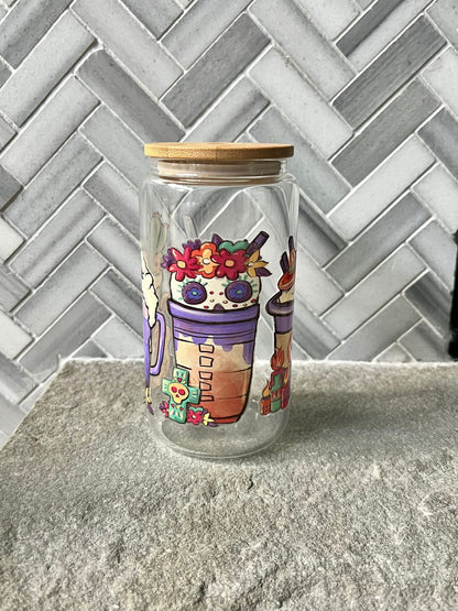 Everyday Ego Sugar Skull Latte Glass Coffee Cup, Cute Beer Can Cup, Iced Coffee Glass Cup With Lid And Straw, Halloween Glass Can Cup,