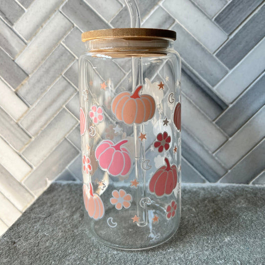 Everyday Ego Pumpkin Iced Coffee Cup with Lid and Straw / Pumpkin Glass Can Coffee Cup/ Fall Coffee Mug / Fall Season Gift / Halloween Gift for Her